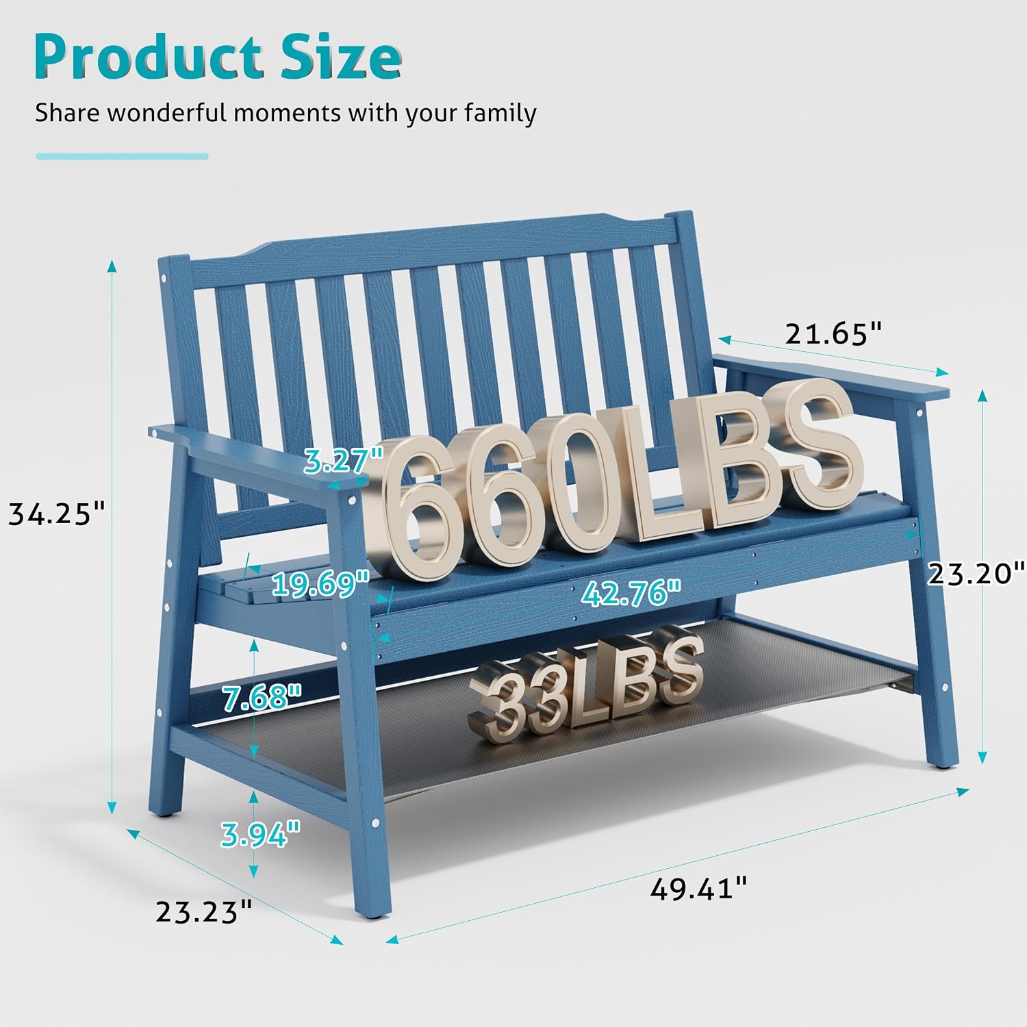 Anbuy Outdoor Bench Weatherproof, 2-Person Adjustable Height Patio Bench with 660lbs Weight Capacity, Garden Potting Bench Never Rot and Fade, Comfort for Porch, Patio, Backyard and Park (Blue)