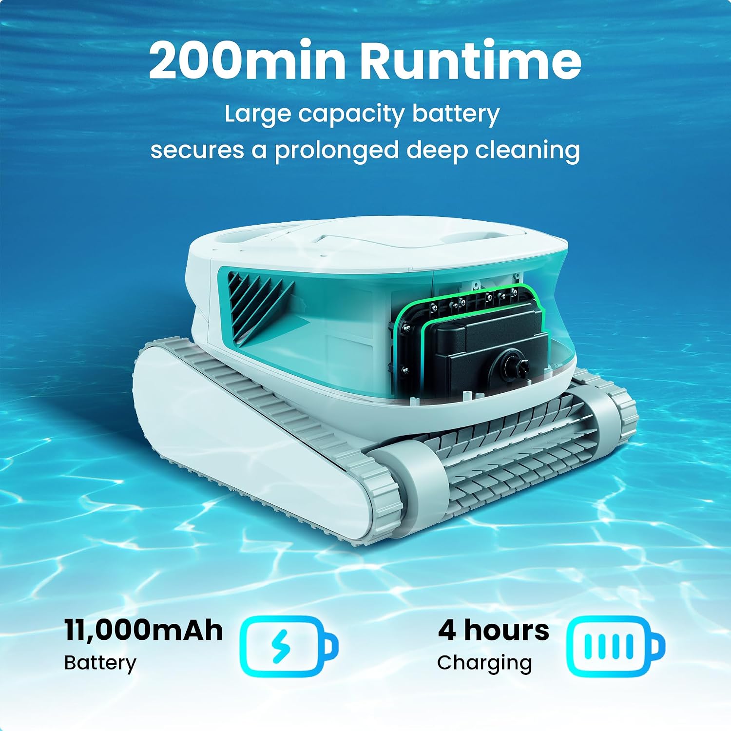 (2026 Upgrade) Hydro 3 All-in-one Pool Vacuum Robot, 200mins Runtime Cordless Pool Cleaner, 2 150W Brushless Motor+Floor/Wall/Waterline Scrubber Brush,Ideal for Inground/Above-Ground Swimming Pools