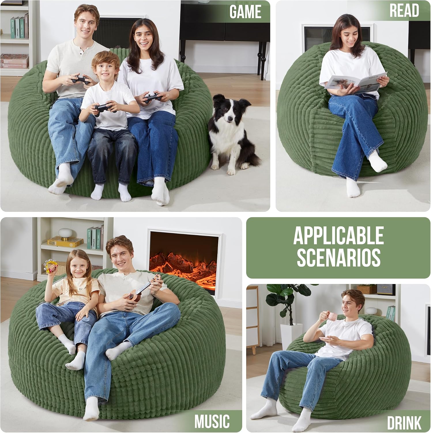 Homguava 6 FT Bean Bag Chair,6' Big Bean Bag,Giant Bean Bag Chairs for Adults with Memory Foam Filled,Comfy Large Beanbag Chairs Soft Bean Bag Sofa with Dutch Corded Plush Cover-Green
