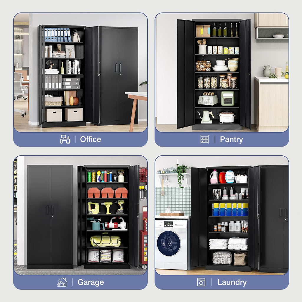 Metal Garage Storage Cabinet,Tall Black Cabinet with Doors and Adjustbale Shelves,Lockable Tool Cabinet for Garage,Basement,Home Office