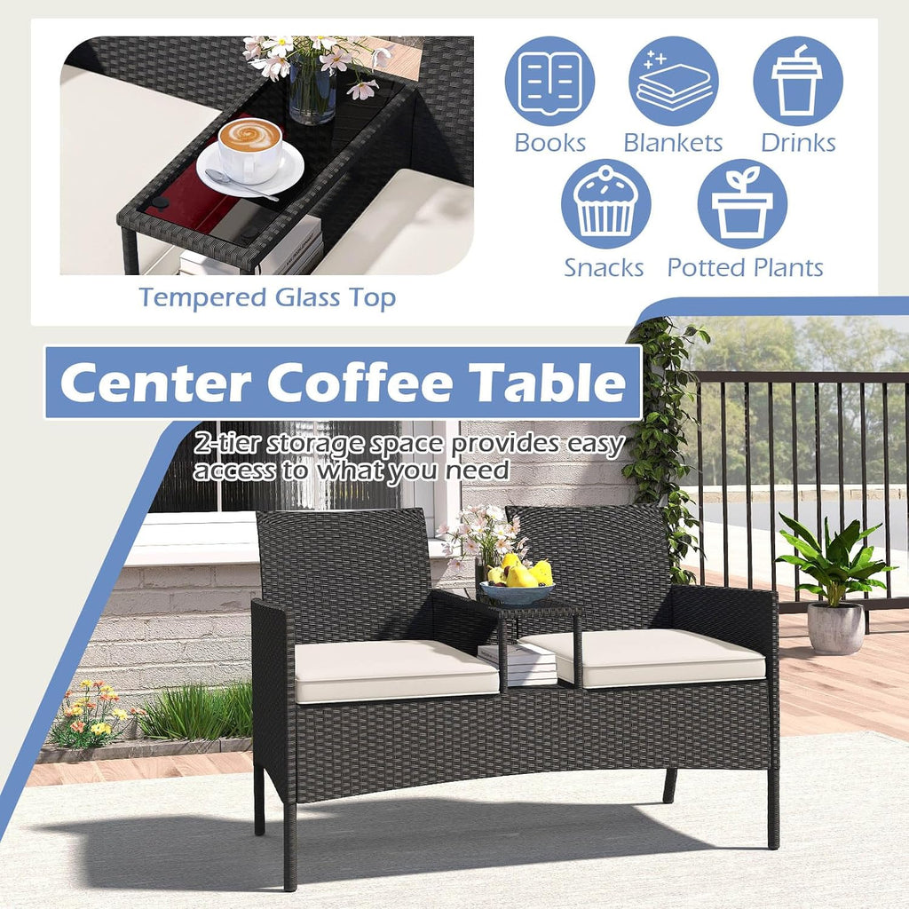 Tangkula Patio Loveseat with Built-in Table, Wicker 2-Seat Furniture with Soft Cushions & Tempered Glass Tabletop, Metal Frame Outdoor Conversation Seating Bench for Backyard, Porch