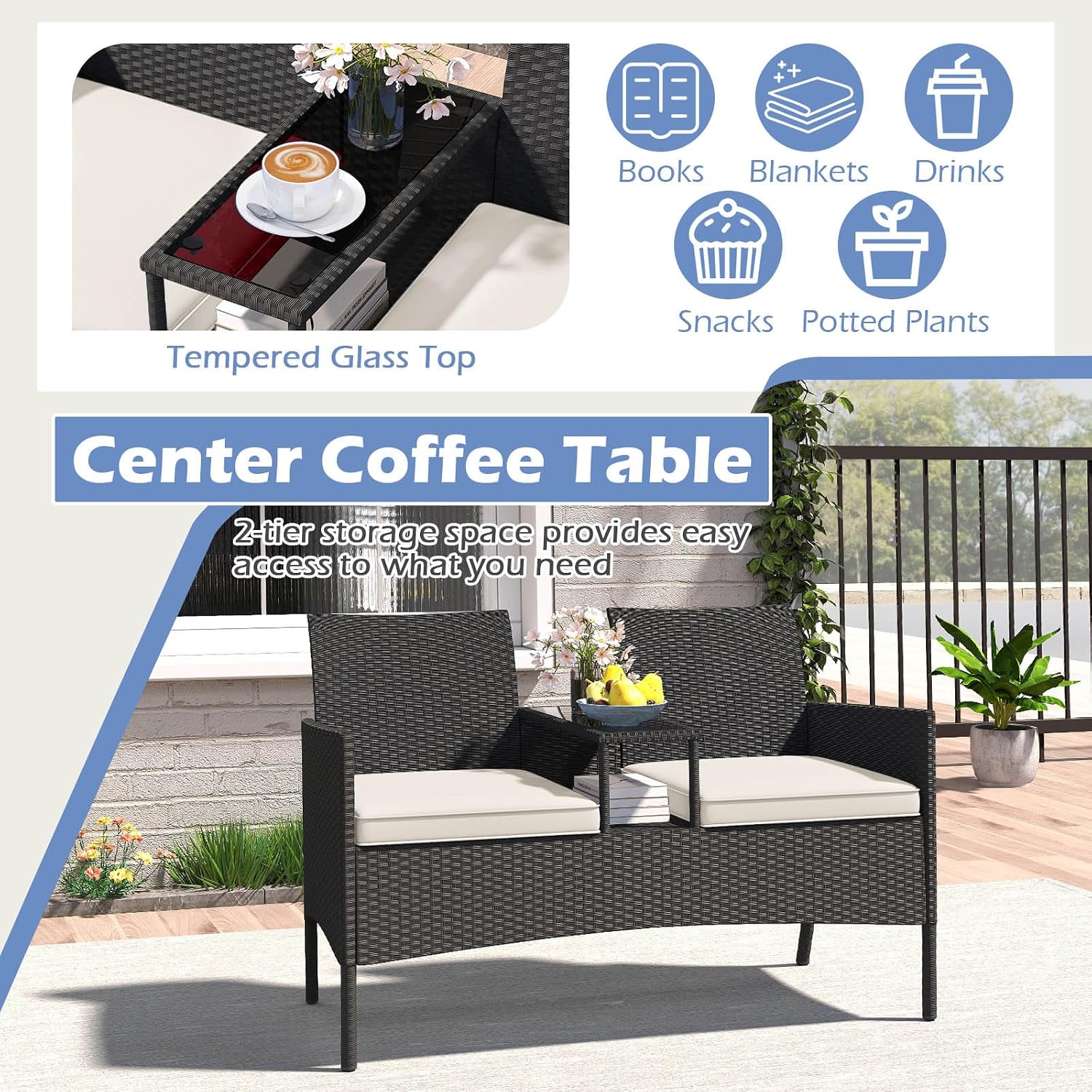 Tangkula Patio Loveseat with Built-in Table, Wicker 2-Seat Furniture with Soft Cushions & Tempered Glass Tabletop, Metal Frame Outdoor Conversation Seating Bench for Backyard, Porch