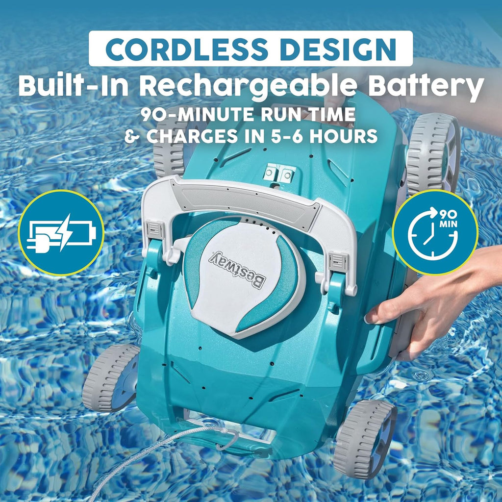Bestway AquaTronix G200 Automatic Robotic Pool Cleaner, Cordless Pool Vacuum Robot, Ideal for Flat-Bottom Inground and Above Ground Swimming Pools, 90-Min Runtime, Cleans Pool Floor