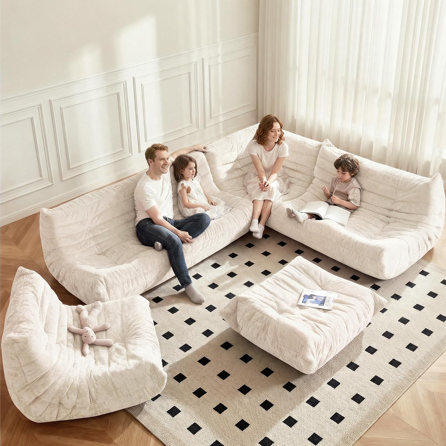 Bean Bag Chair, Memory Foam Bean Bag Chairs for Adults, Fireside Corner Chair Lazy Floor Corner Sofa for Living Room, Bedroom, Dorm, Office(Beige)