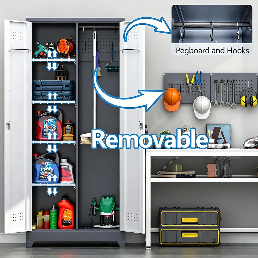 Metal Storage Cabinet 72' Tall, Garage Storage Cabinet with Lockable Doors & Shelves, Utility Broom Closet, Steel Tool Cabinet for Garage, Laundry Room, Home Office, Grey/White