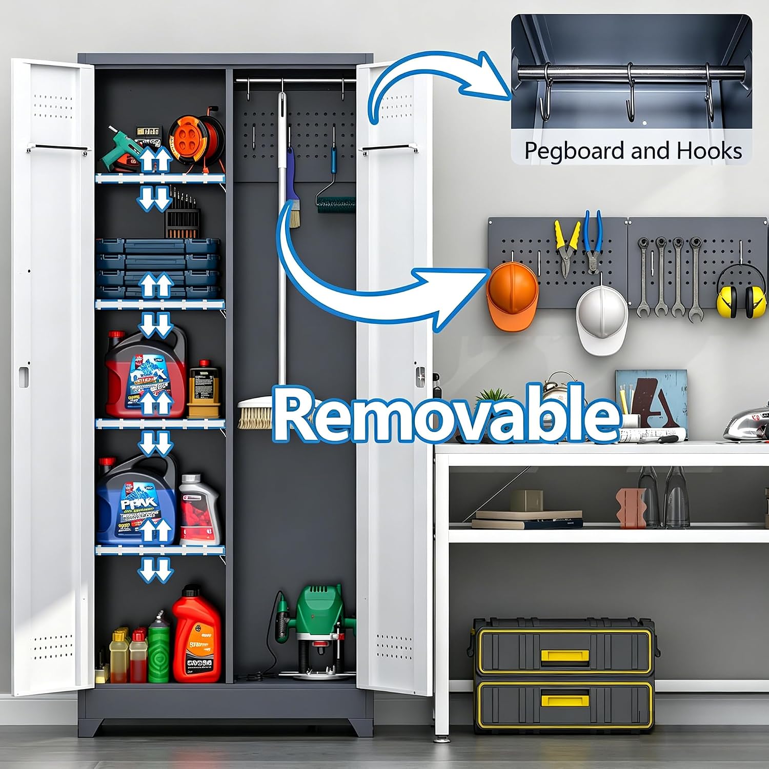 Metal Storage Cabinet 72' Tall, Garage Storage Cabinet with Lockable Doors & Shelves, Utility Broom Closet, Steel Tool Cabinet for Garage, Laundry Room, Home Office, Grey/White