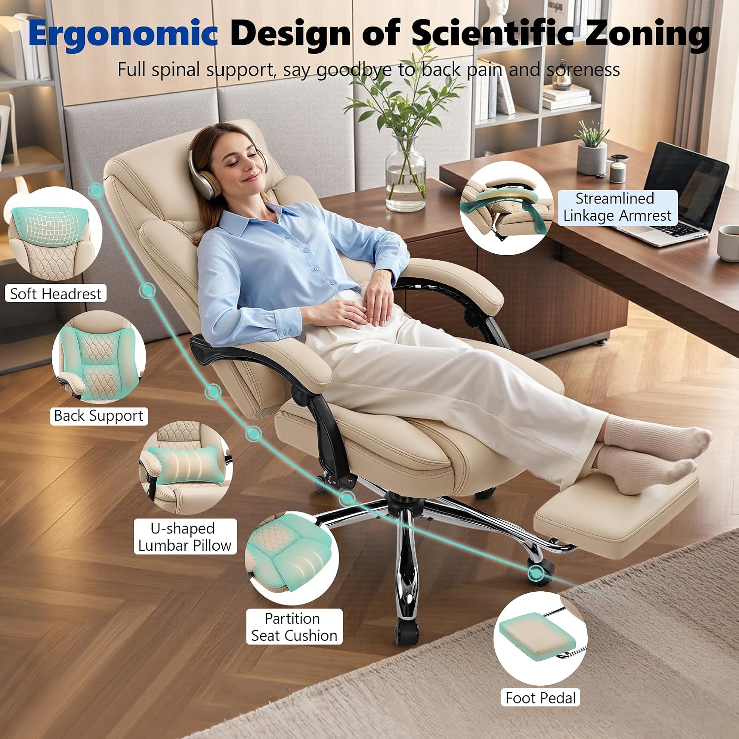 Big and Tall Office Chair 400lbs - Wide Memory Foam Seat with Spring Pack, Reclining Executive Desk Chair with Footrest, Ergonomic Heavy Duty High Back Computer Chair, Khaki
