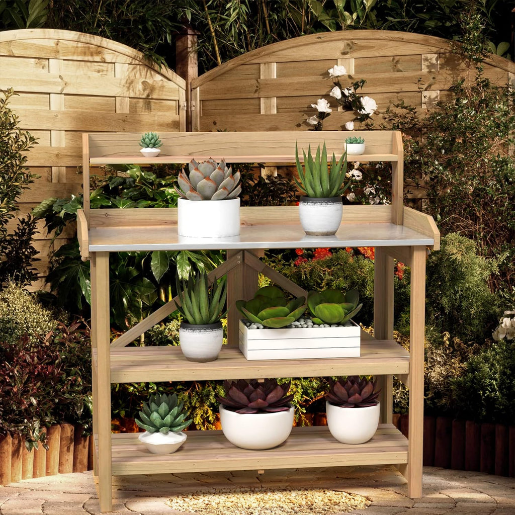 Giantex Garden Potting Bench, Galvanized Steel Top, 6 Hooks, 2 Tier Storage Shelves, Wood Workstation for Indoor Outdoor Gardening Planting Garage Tools, Potted Plant, Worktable 41.5'x19.5'x48'