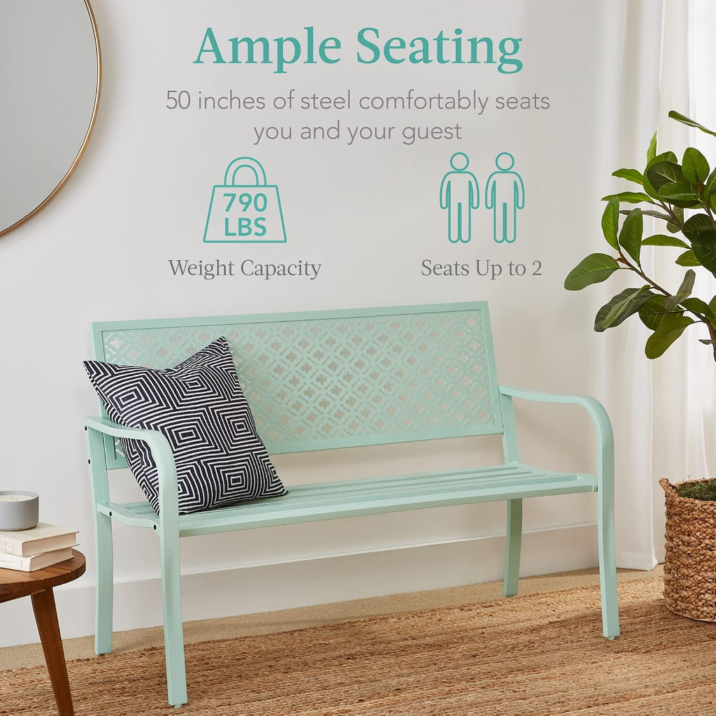 Best Choice Products Outdoor Bench 2-Person Metal Steel Benches Furniture for Garden, Patio, Porch, Entryway w/Geometric Backrest, 790lb Capacity - Mint Green