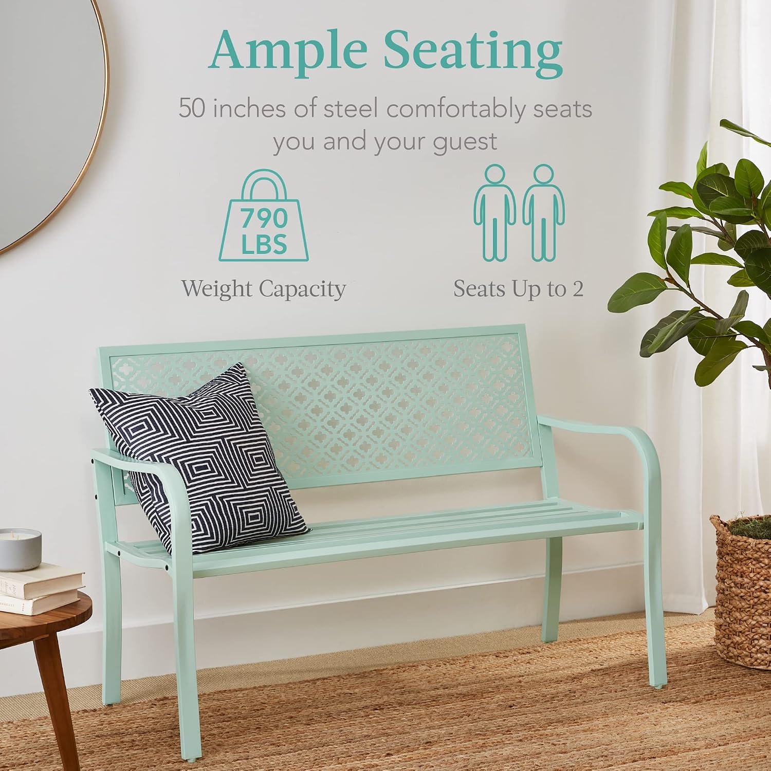 Best Choice Products Outdoor Bench 2-Person Metal Steel Benches Furniture for Garden, Patio, Porch, Entryway w/Geometric Backrest, 790lb Capacity - Mint Green
