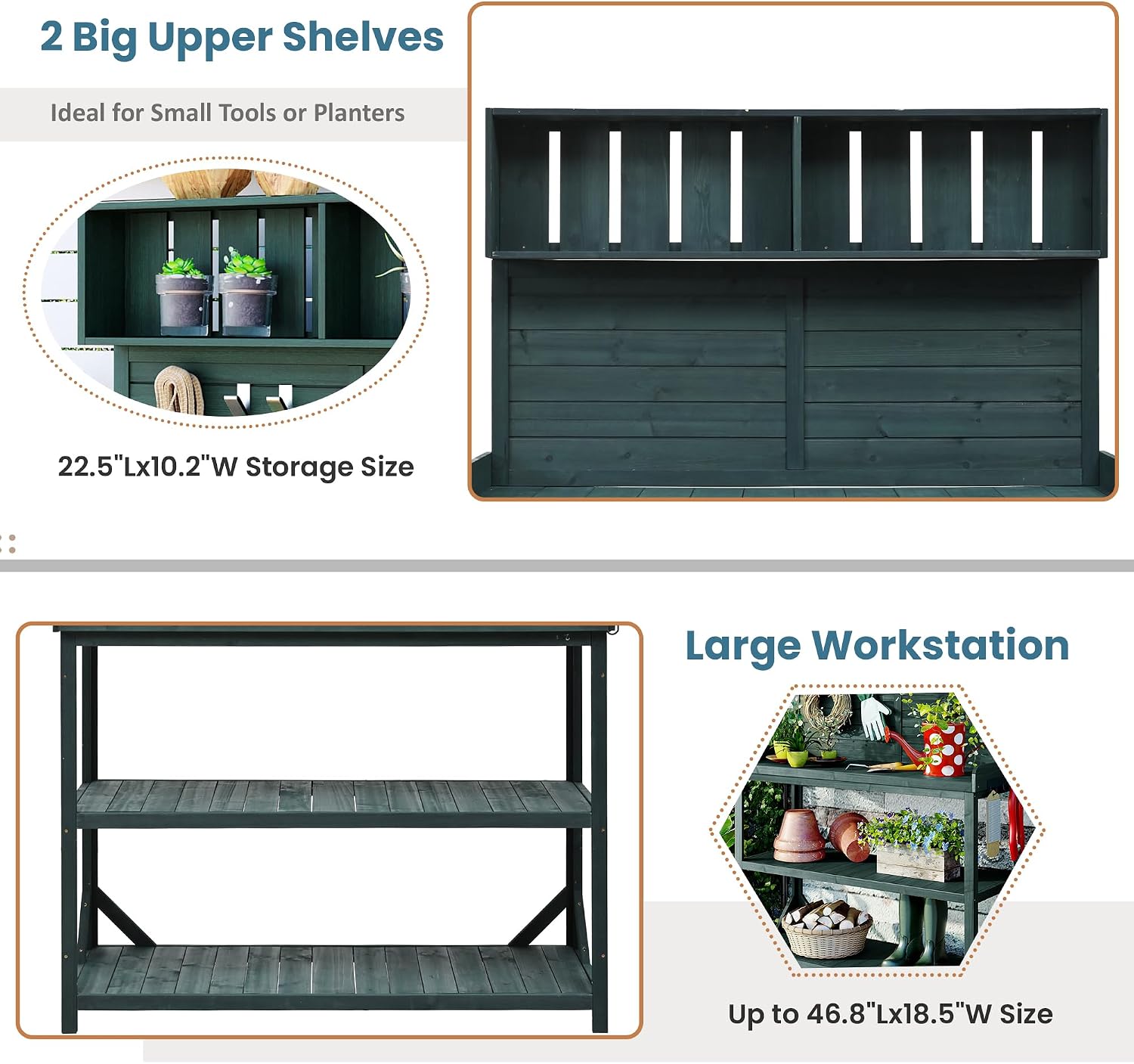 Merax 65' Large Wooden Farmhouse Rustic Outdoor Potting Bench Table with 4 Storage Shelves and Side Hook, Patio Workstation, for Garden, Backyard, Forest Green