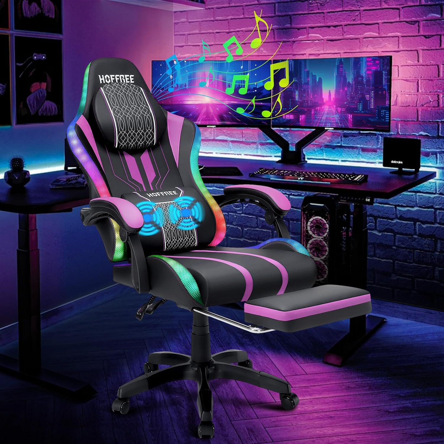 HOFFREE LED Gaming Chair with Speakers and Massage Video Game Chair Big and Tall with Footrest Gamer Chair for 400lbs Computer Desk Chair Purple and Black