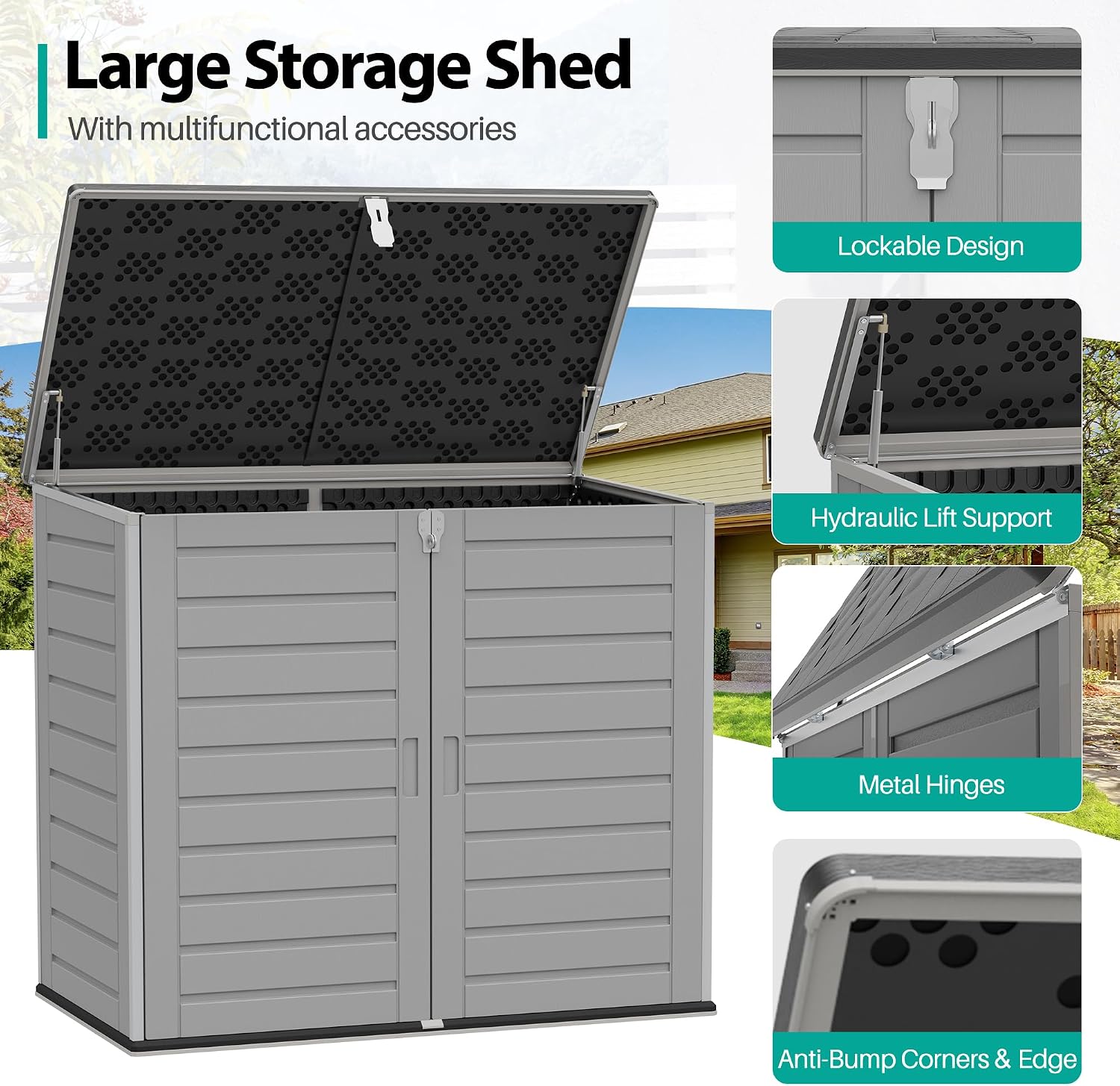 HUGROVE 49.5 Cu Ft Outdoor Storage Cabinet, Horizontal Outdoor Storage Shed, Lockable Large Garden Shed, Weather Resistant Outdoor Storage Box for Trash Cans, Garden Tools (Dark Gray)