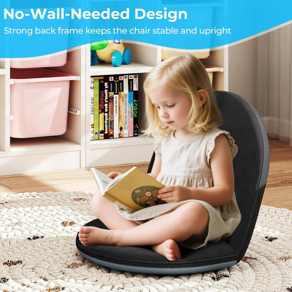 2Pcs Floor Chair, 5-Position Foldable Floor Chair for Kids with Adjustable Back, Soft Sponge & Velvetean Cover, for Adults and Kids, Indoor Outdoor Use, Meditation, Gaming, Camping(Black)