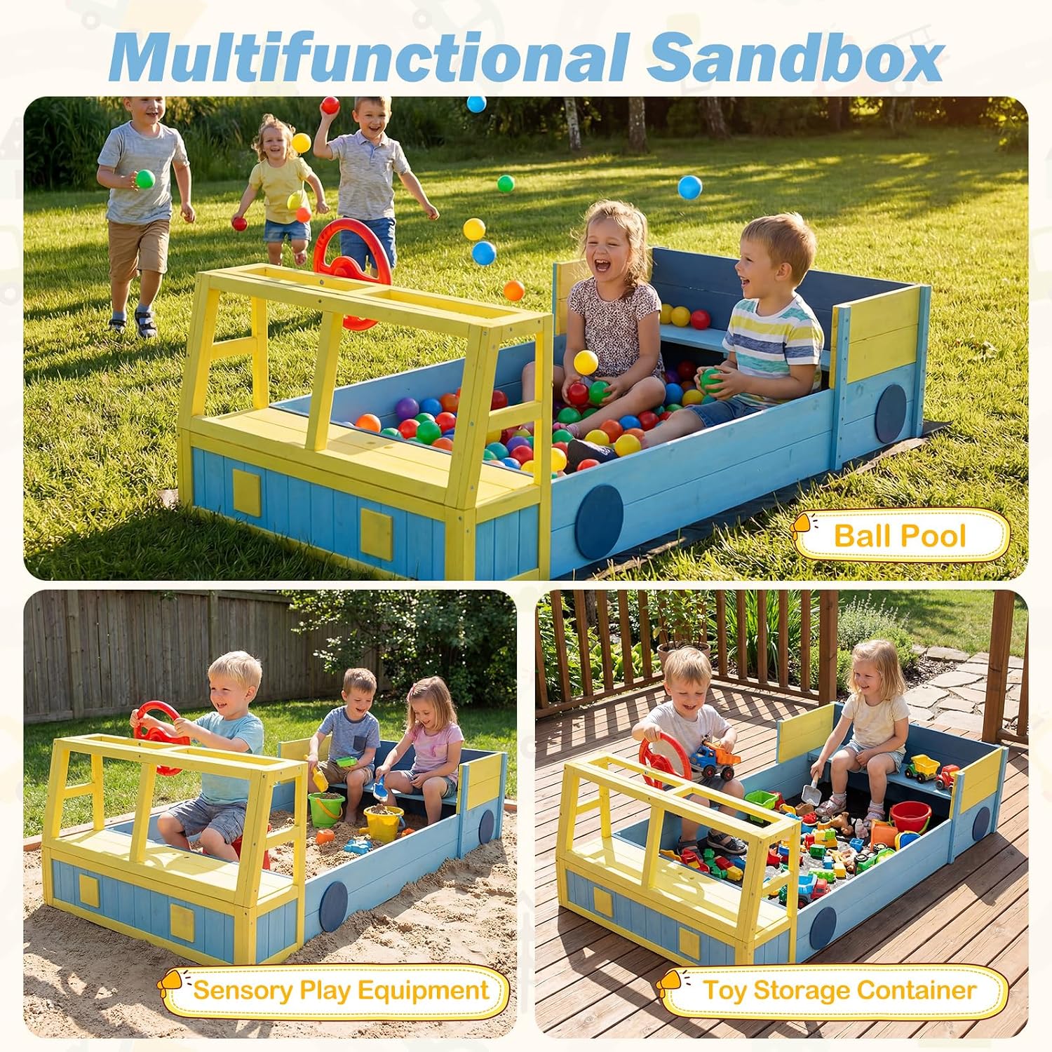 Costzon Sandbox, Fir Wood Car-Theme Sand Pit with Bottom Liner, Rotatable Rudder & Bench Seat for Kids Aged 18+ Months, Outdoor Playset for Backyard, Beach and Patio (Blue, Yellow)