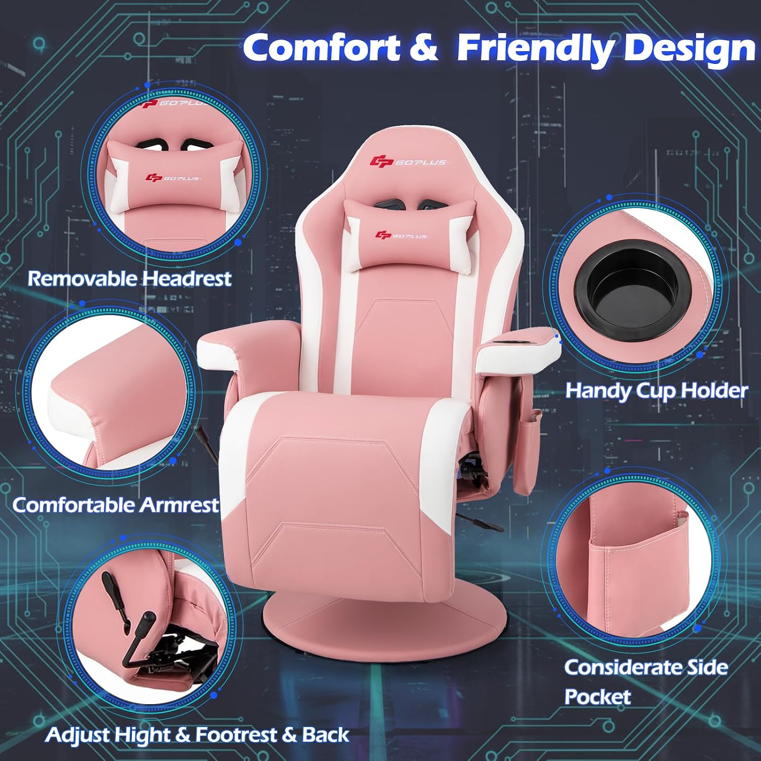 POWERSTONE Gaming Recliner, Adjustable Massage Gaming Chair with Cup Holder Footrest Ergonomic Single Sofa Living Room Home Theater Seating with Side Pouch (Pink)