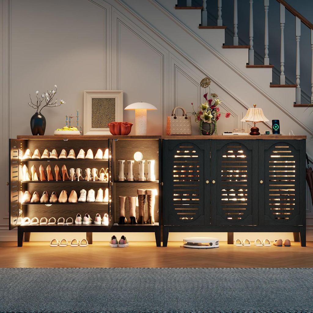 Vlsrka Shoe Cabinet with 3 Doors, Narrow Wooden Shoe Cabinet, Hidden Shoe Storage for Entryway, Foyer, Hallway (Black C)