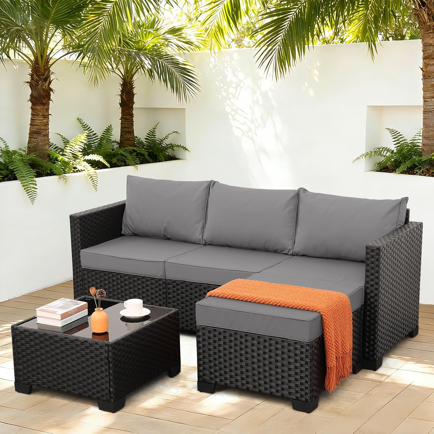 Oasishine Wicker Patio Furniture Patio Couch 3 Pieces Outdoor Sectional with Ottoman and Outdoor Glass Table Weathering Anti-Slip Cushions Furniture Covers, Light Grey