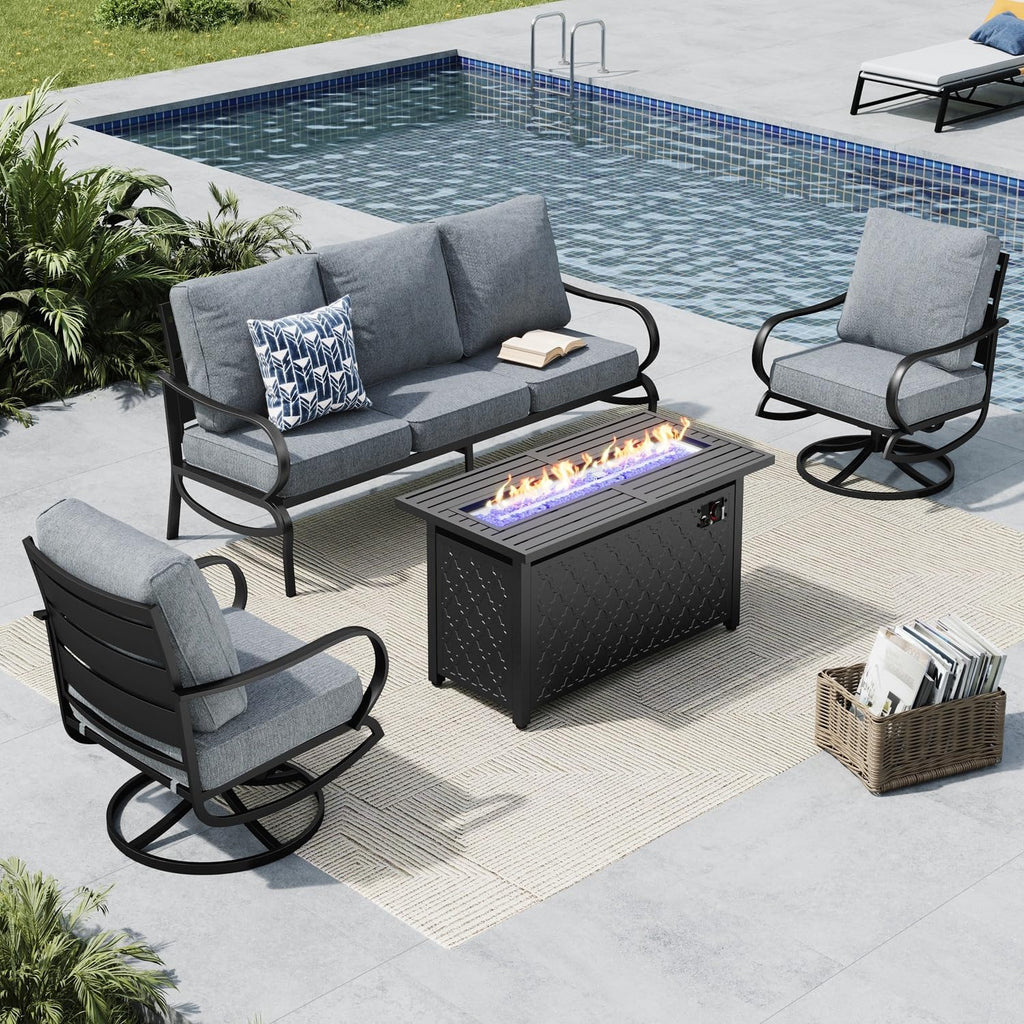 MFSTUDIO 4 Pieces Patio Conversation Sets, All Weather Metal Frame Outdoor Furniture Set Patio Sofas with 1 x 45 Rectangular Propane Fire Table, 1 x 3-Seat Sofa, 2 x Swivel Chairs, Grey Cushion