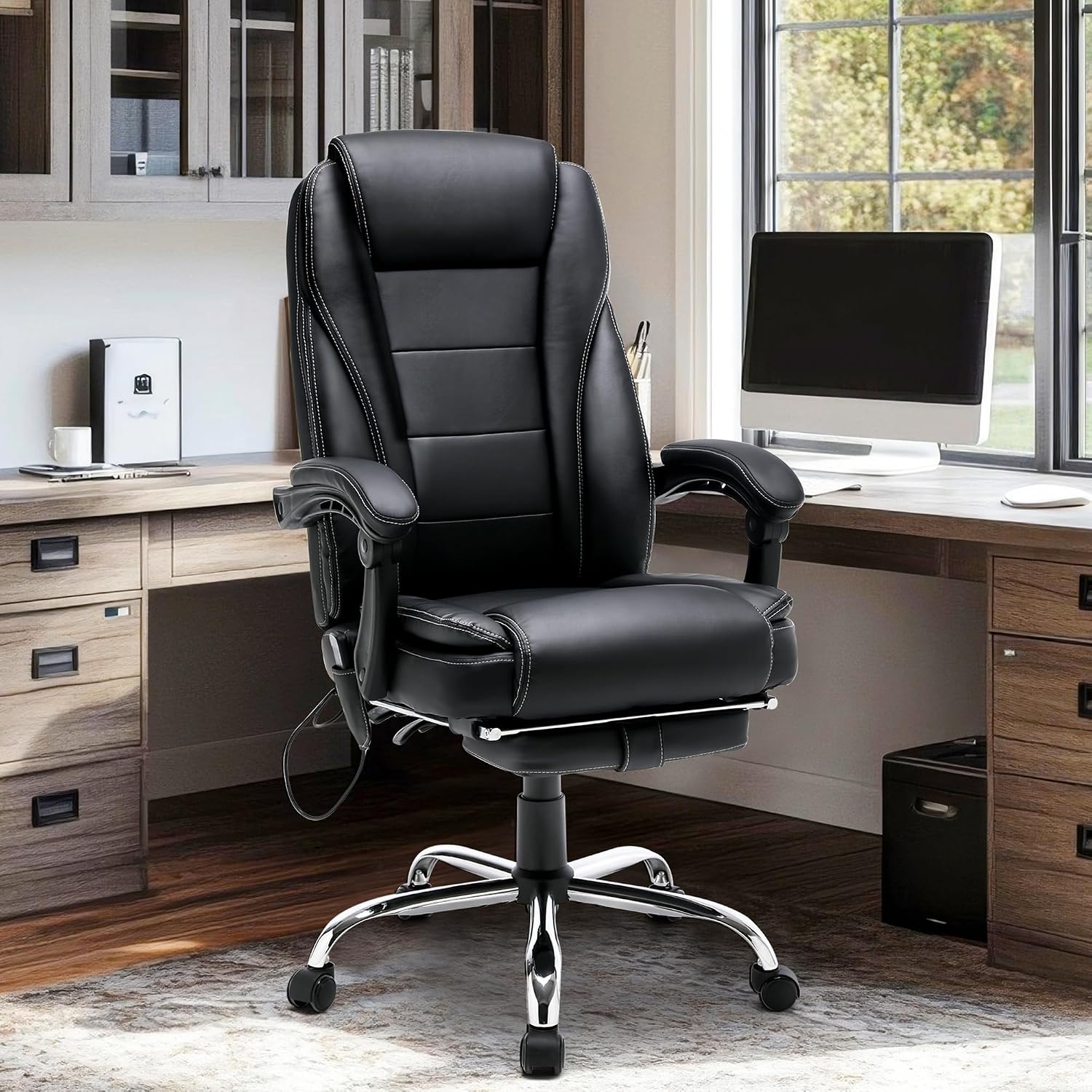 HOMREST 6-Point Massage Reclining Office Chair, Leather Heating Executive Chair, Ergonomic Home Office Desk Chair with Retractable Footrest,Computer Chair for Home Office, Study, Gaming