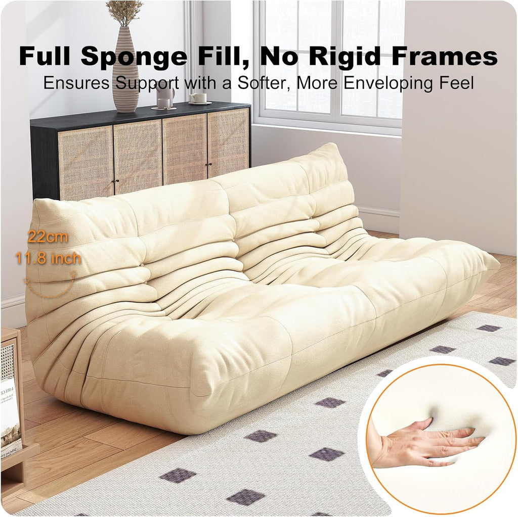 Full Foam Three Seater Sofa – Bean Bag Chairs Floor Couch for Adults, Waterproof Upholstery, Armless Fireside Lounge Chair for Living Room, Apartment, or Office (White)