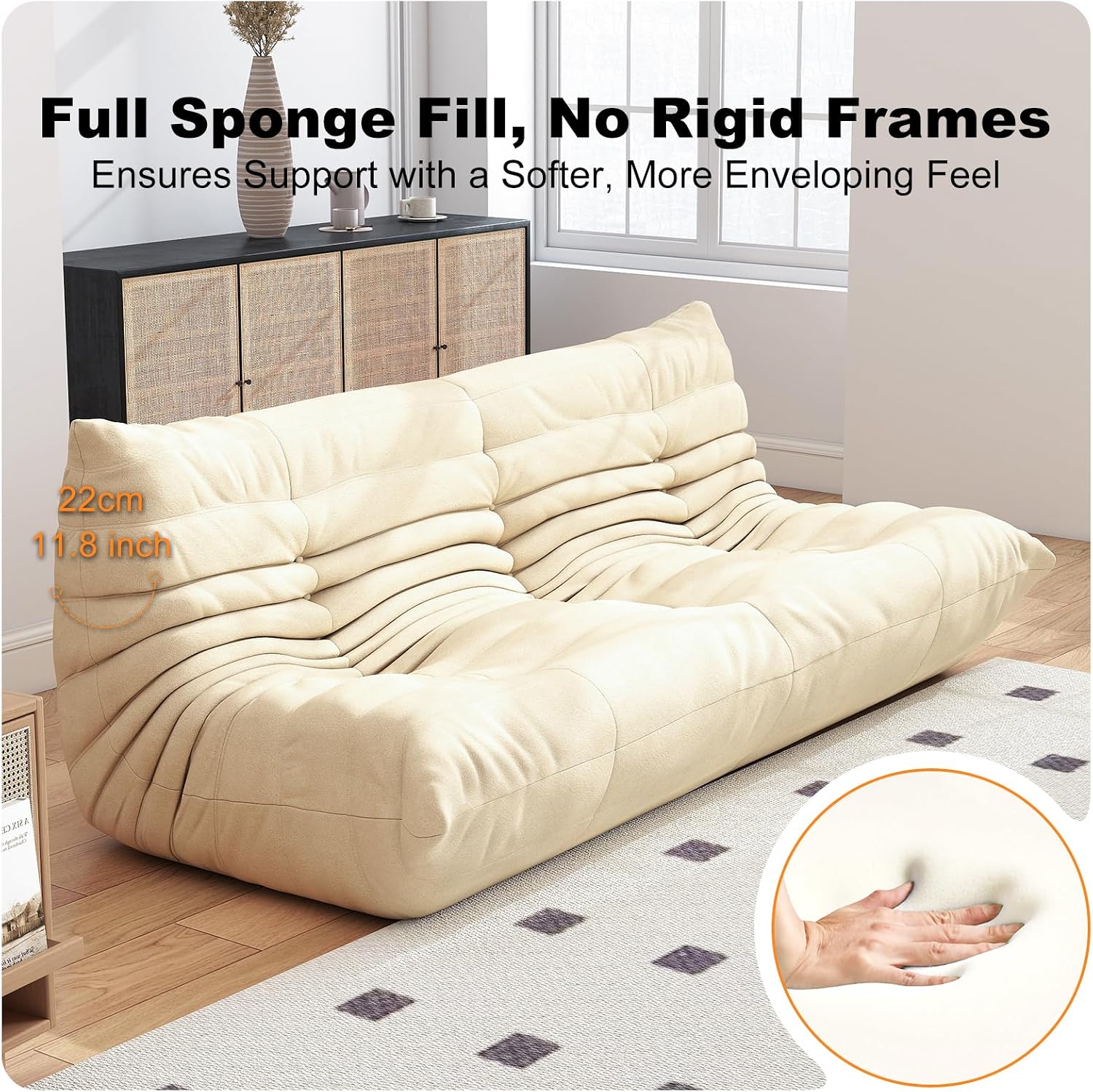 Full Foam Three Seater Sofa – Bean Bag Chairs Floor Couch for Adults, Waterproof Upholstery, Armless Fireside Lounge Chair for Living Room, Apartment, or Office (White)