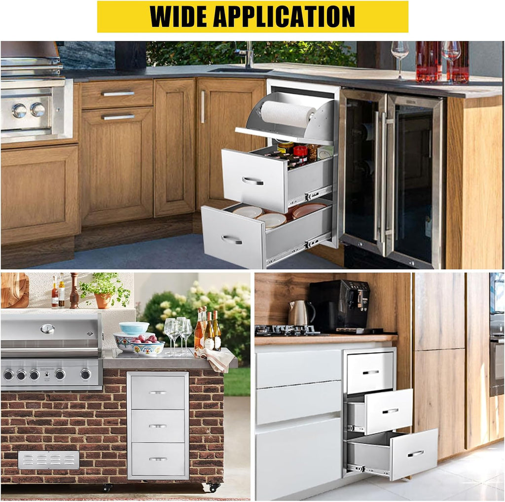 17W x 21D x 30H Inch Outdoor Kitchen Drawers Stainless Steel, Flush Mount Triple Drawers with Stainless Steel Handle, Venting Panel Weatherproof for Kitchen Island Patio, Grill Station