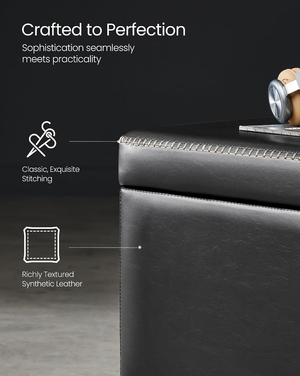 VASAGLE EKHO Collection - Storage Ottoman Bench, Entryway Bedroom Bench, 25 Gallons, Synthetic Leather with Stitching, Mid-Century Modern, Safety Hinges, Loads 660 lb, Ink Black ULOM075B01