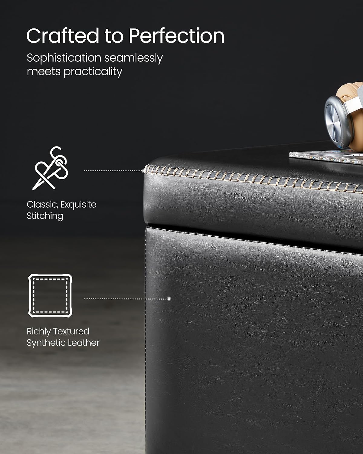VASAGLE EKHO Collection - Storage Ottoman Bench, Entryway Bedroom Bench, 25 Gallons, Synthetic Leather with Stitching, Mid-Century Modern, Safety Hinges, Loads 660 lb, Ink Black ULOM075B01