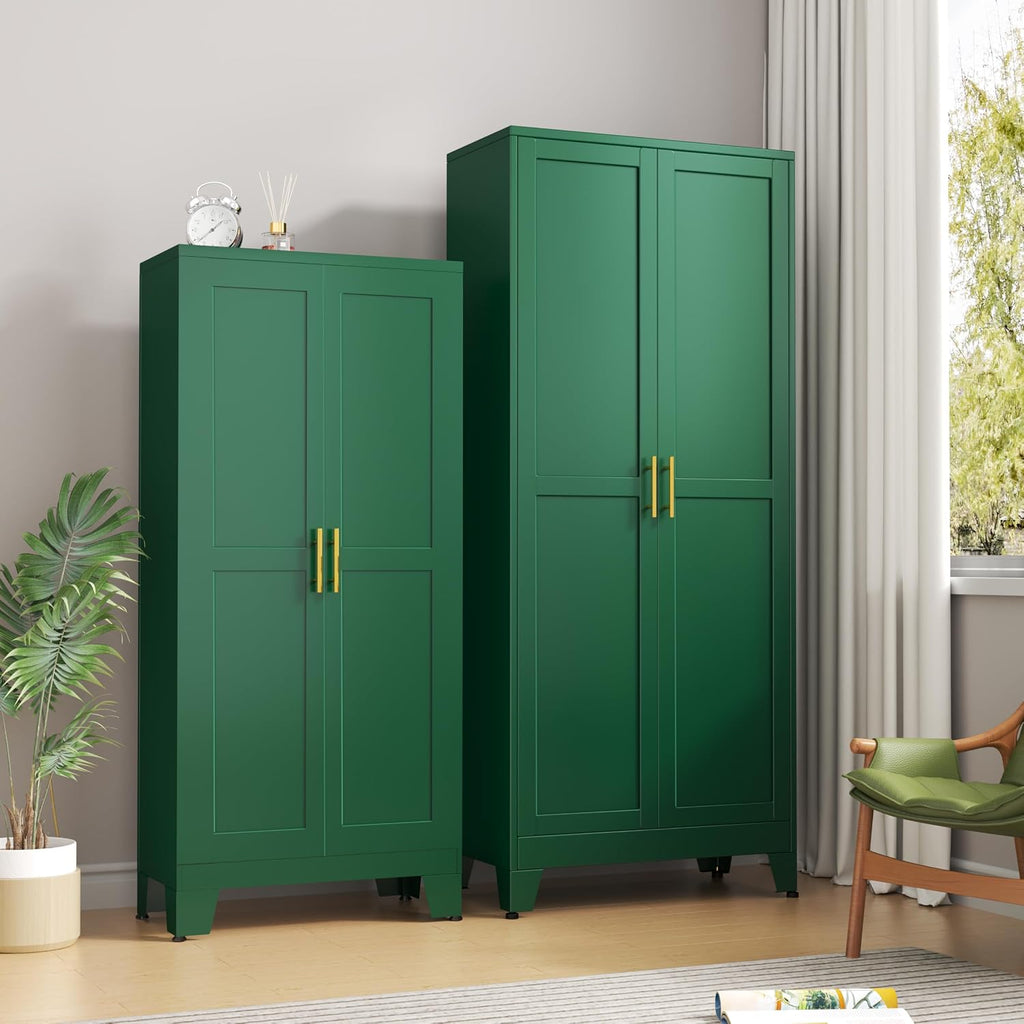pozdeg 75' Tall Pantry Cabinet, Metal Kitchen Storage Cabinet with 2 Doors and 5 Adjustable Shelves, White Storage Cabinet Cupboard for Kitchen, Dining Room, Living Room and Bathroom (Green)