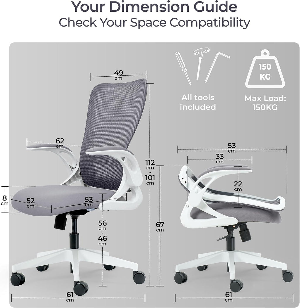 Tervo Model U | Folding Office Chair for Small Spaces | Gaming Chair for Adults & Kids | Ergonomic Mesh Computer Chair for Bedroom | Foldable Desk Chair for Home Work (White & Grey)