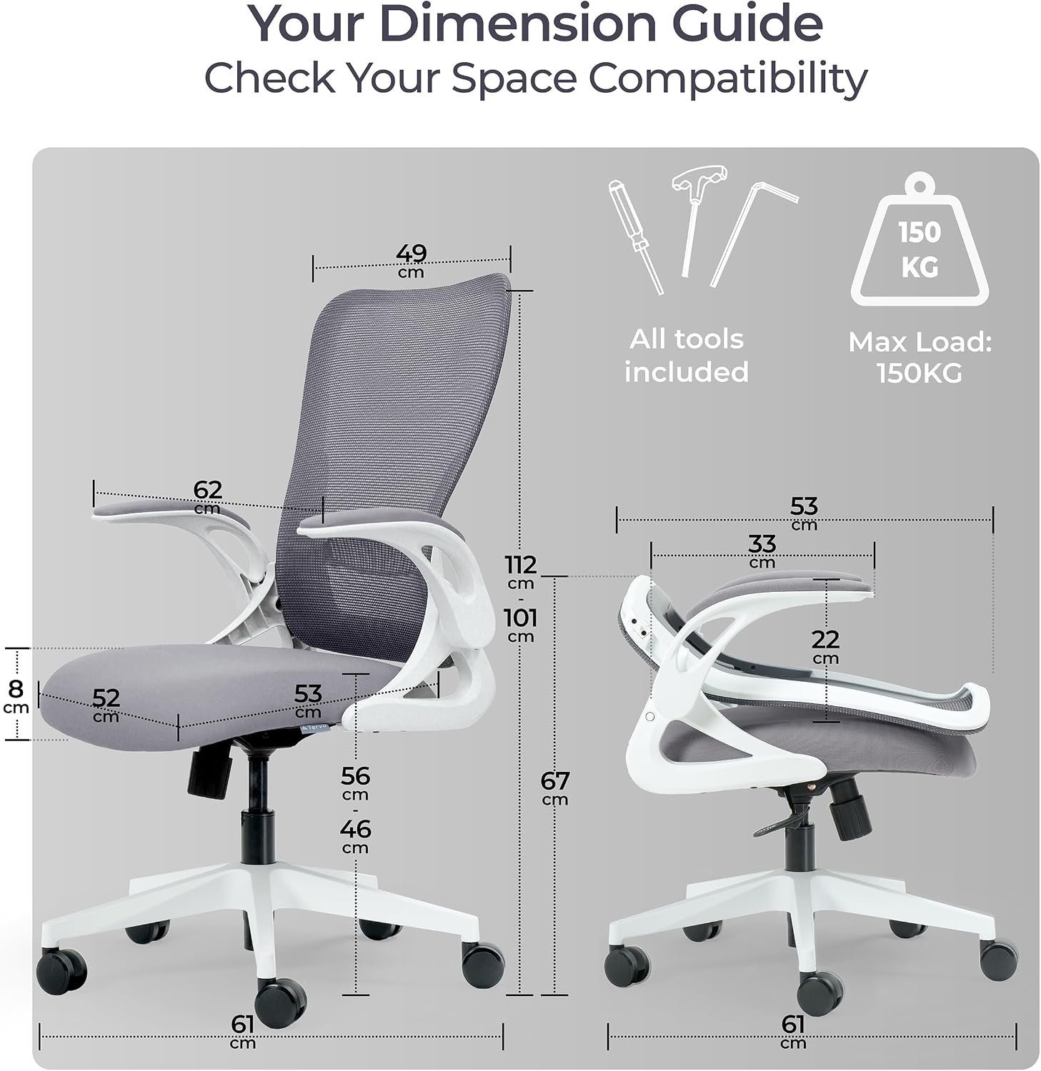 Tervo Model U | Folding Office Chair for Small Spaces | Gaming Chair for Adults & Kids | Ergonomic Mesh Computer Chair for Bedroom | Foldable Desk Chair for Home Work (White & Grey)