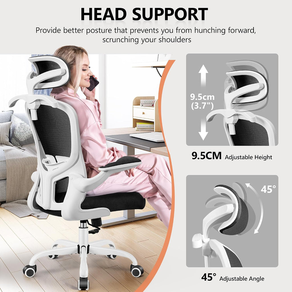 FelixKing Office Chair with Headrest, Ergonomic Desk Chair with Wheels, Task Swivel Comfy Chair with Adjustable Lumbar Support, Breathable Mesh Computer Chair with flip-up Armrests (White)