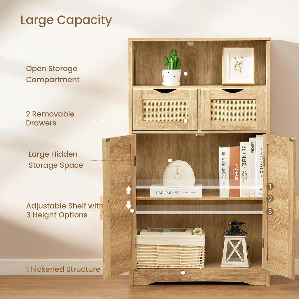 Iwell Storage Cabinet with 2 Drawers & Adjustable Shelves, Rattan Cabinet, Kitchen Pantry Cabinets, Cupboard for Living Room, Kitchen, Home Office, Natural SNG008NR