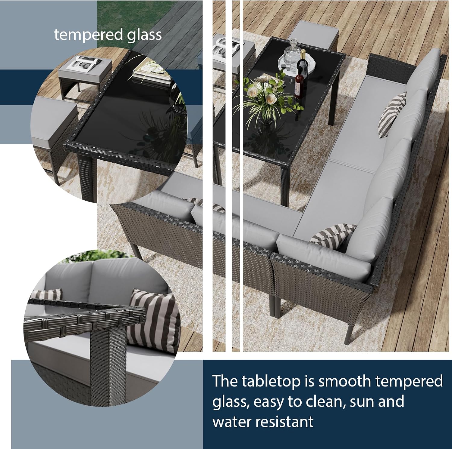7-Piece Outdoor Patio Furniture Set, Wicker Sectional Sofa with Seat & Back Cushions & 3 Pillows, All-Weather Conversation Set with Long Glass Coffee Table for Garden, Porch, Lawn, Gray