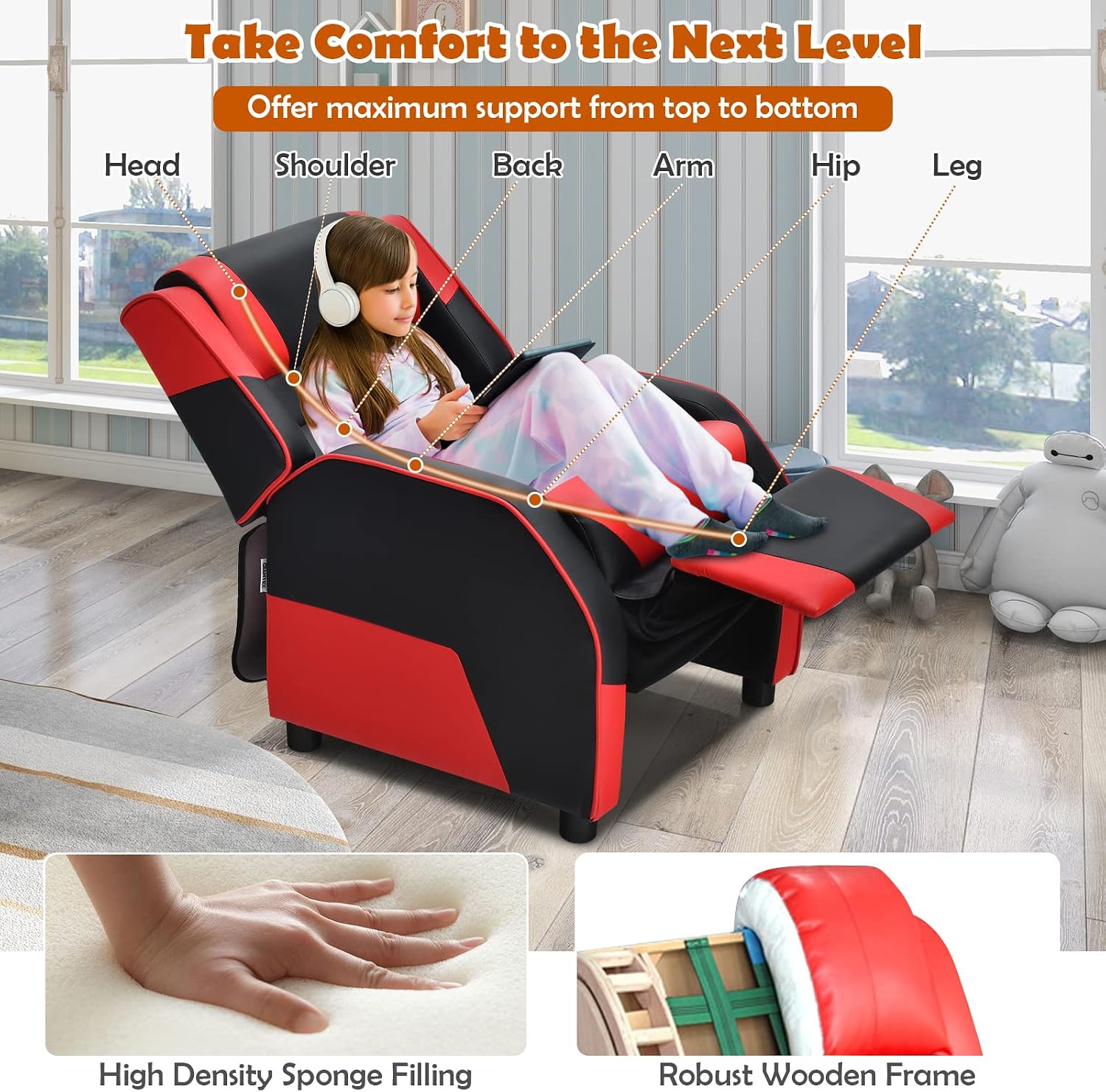 COSTWAY Kids Recliner Sofa, Toddler Leather Recliner with Adjustable Footrest & Headrest, Gaming Reclining Chair for Boys Girls Aged 3 Years Up, Kid-Sized Lounge Chair for Living Room (Red)