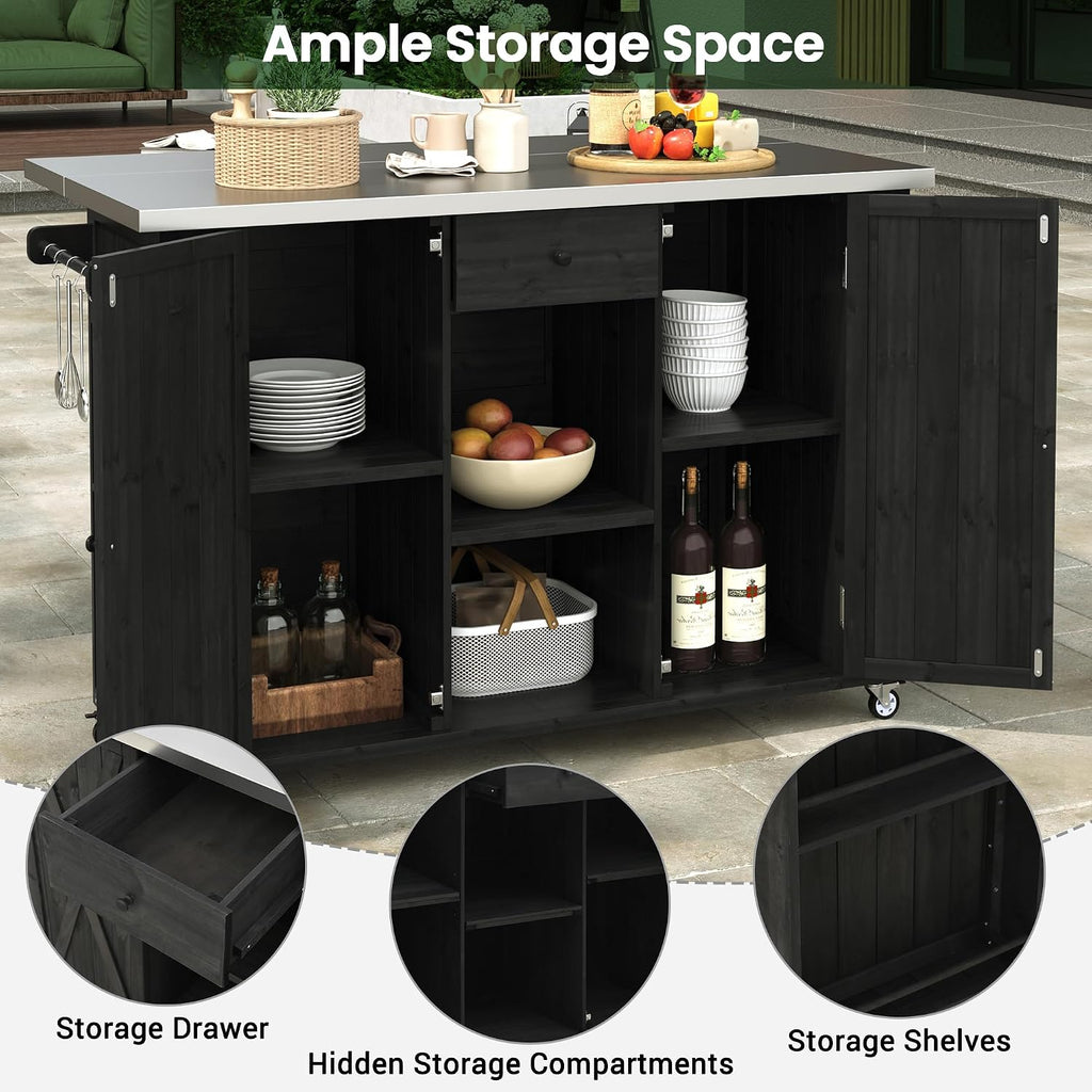 Merax XL Outdoor Table with Stainless Steel Top for Kitchen Prep and Storage Cabinet for Grilling Accessories, Outdoor Kitchen Island Grill Cart with Towel and Spice Racks & a Bottle Opener, Black