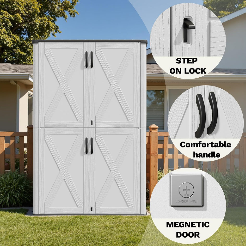 Devoko 50 Cu Ft Plastic Outdoor Storage Shed, Vertical Resin Storage Cabinet with Lockable Door, Durable Storage Shed for Patio Furniture, Pool Toys, Garden Tools, White, Shelf Not Included