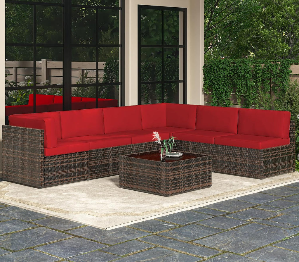 AECOJOY 7 Piece Outdoor Patio Furniture Set, Outdoor Sectional Conversation Furniture Chair with Coffee Table,Patio Sectional for Garden,Backyard(Red Cushions and Brown PE Rattan)