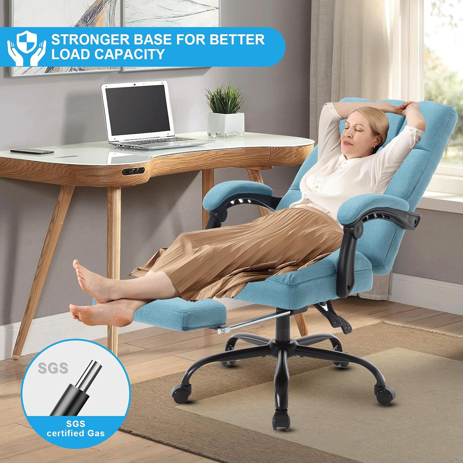Erogonomic Reclining Office Chair with Footrest, High Back Fabric Cute Comfortable Recliner Office Desk Chair with Leg Foot Rest for Women,Blue