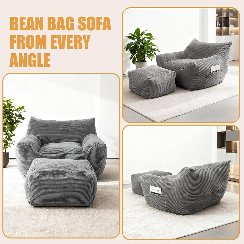 Giant Bean Bag Chair with Ottoman, Comfy Bean Bag Couch with 2 Side Pocket, Corduroy Boneless Couch Chair in a Box, Stuffed Lounge Floor Sofa for Dorm, Bedroom, Living Room, Gray