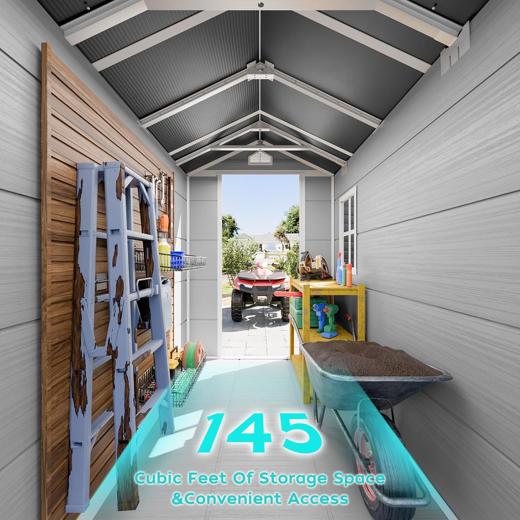 4x6 FT Outdoor Resin Storage Shed with Floor, Upgraded 21-Gauge Steel Frame & 16mm Ultra-Thick Double-Layer Panels, Compact Garden Tool House with Flexible Window & Lockable Door for Patio, Backyard