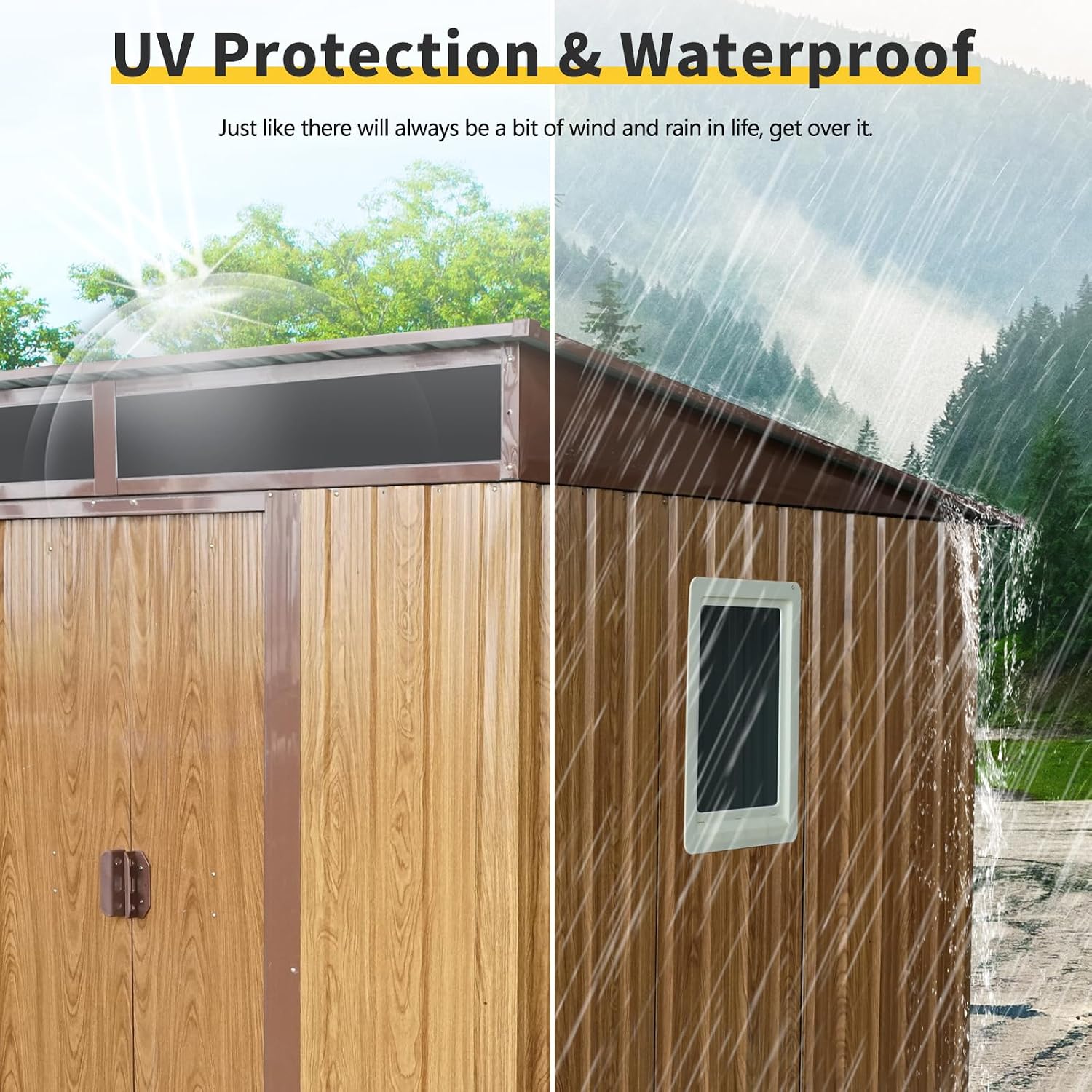 JT 6X4.5FT Outdoor Storage Shed, Galvanized Metal Garden Shed with Window and Metal Foundation, Tool Storage Shed for Patio Lawn Backyard (Coffee-with The window-6ftx4.5ft)