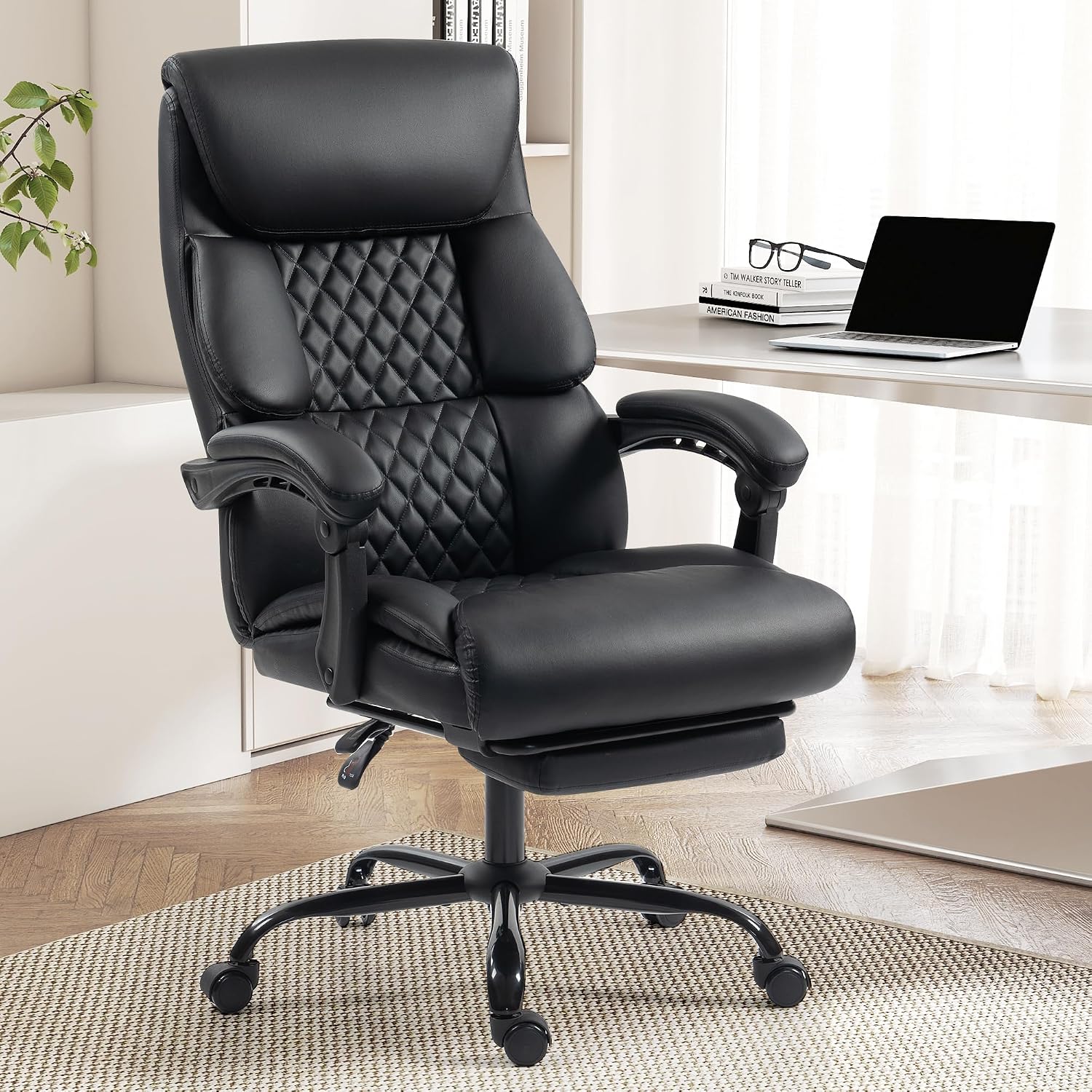 Office Chair, Executive High Back Leather Home Office Desk Chair with Footrest & Lumbar Support - Ergonomic Reclining Comfortable Wide Swivel Rolling Gaming Computer Chair 90-135° Adjustable Tilt Lock