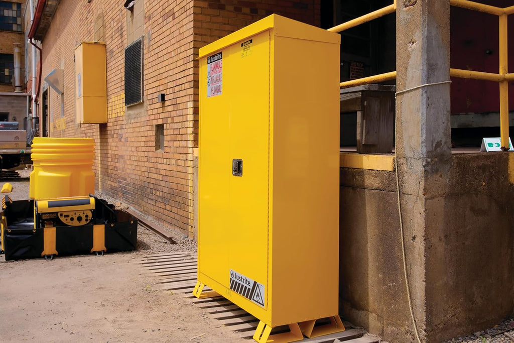 Justrite Reinforced Steel Outdoor Flammable Liquid Storage Cabinet, 2 Shelves with 350 lb. Capacity, 2 Self-Close Door Fire Cabinet, 30 Gallon, 44'x 43'x 18', Made in The USA, Yellow, 813020