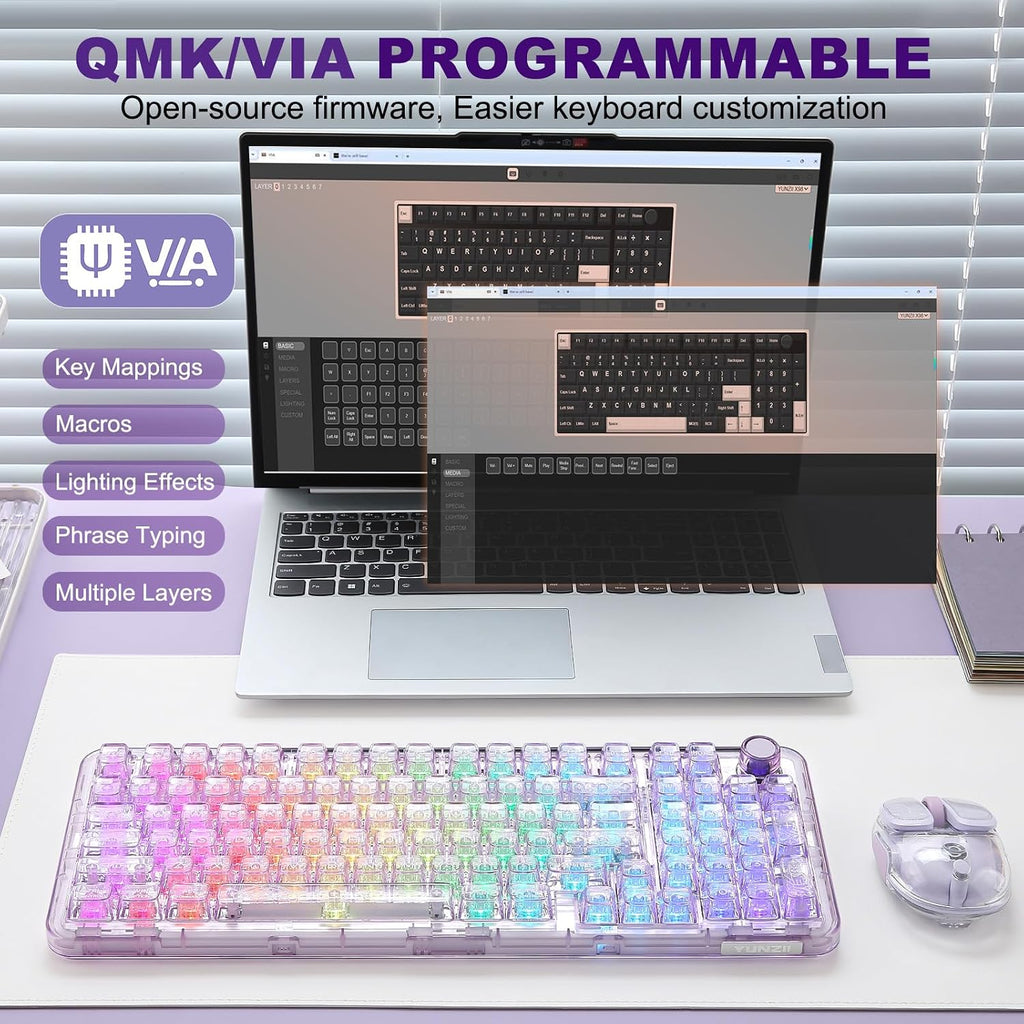YUNZII X98 QMK/VIA Wireless Mechanical Gaming Keyboard with Knob,Tri-Mode BT5.0/USB-C/2.4GHz Hot Swappable Keyboard,Pre-lubed Switches Gasket Mount RGB Backlit for Wins/Mac (Purple, Snow Switch)