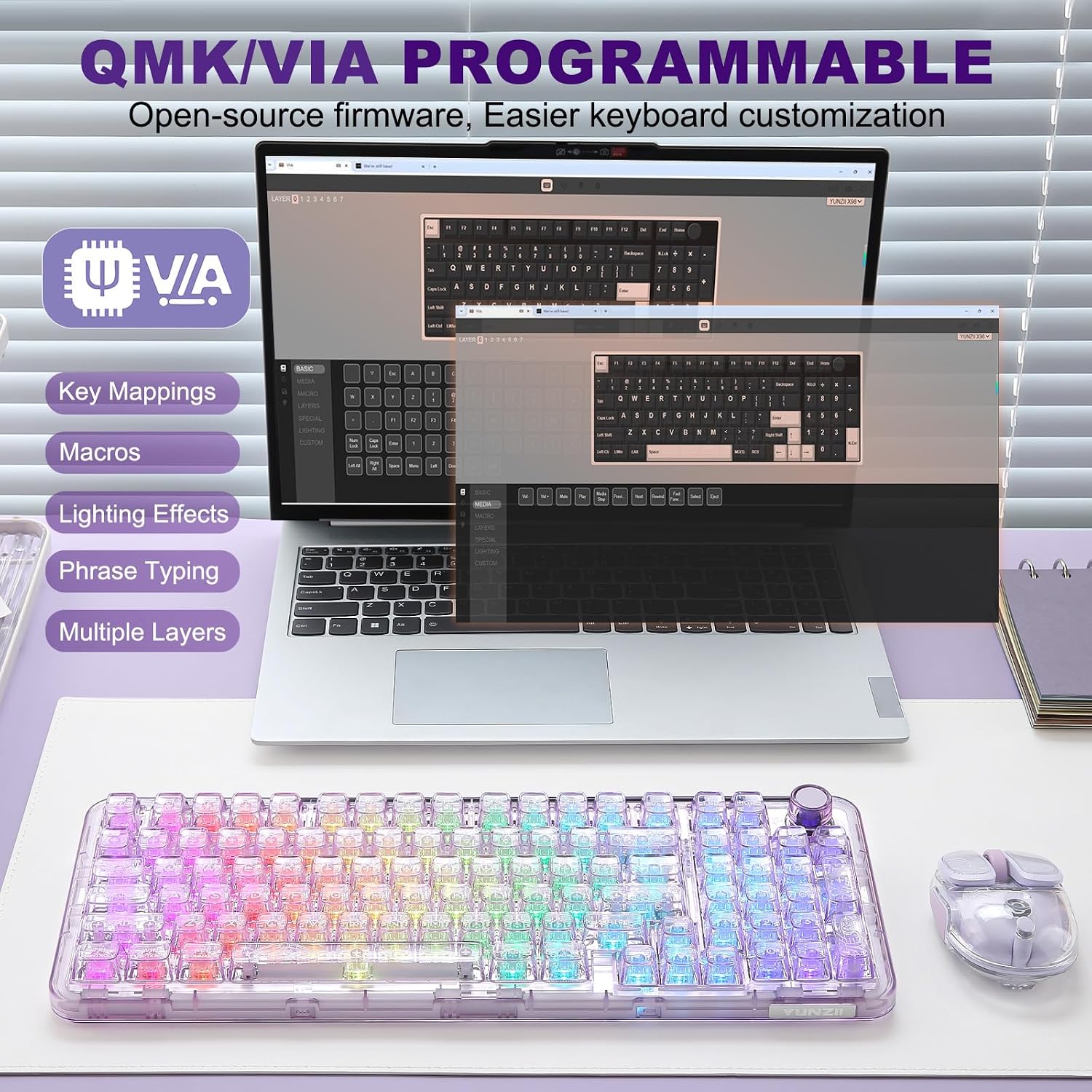 YUNZII X98 QMK/VIA Wireless Mechanical Gaming Keyboard with Knob,Tri-Mode BT5.0/USB-C/2.4GHz Hot Swappable Keyboard,Pre-lubed Switches Gasket Mount RGB Backlit for Wins/Mac (Purple, Snow Switch)