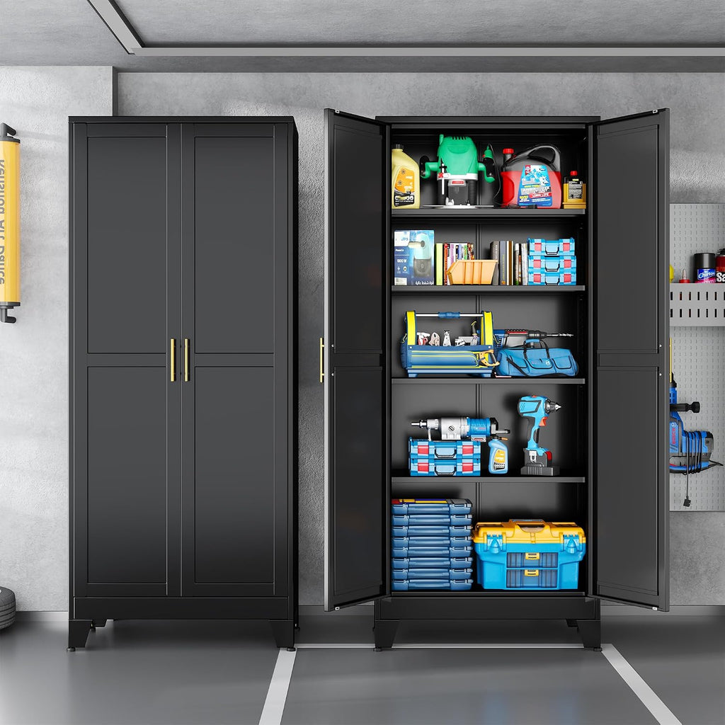 Black Pantry Storage Cabinet,71' Kitchen Pantry with Doors and 4 Adjustable Shelves, Metal Storage Cabinet, for Office, Home, Garage, School