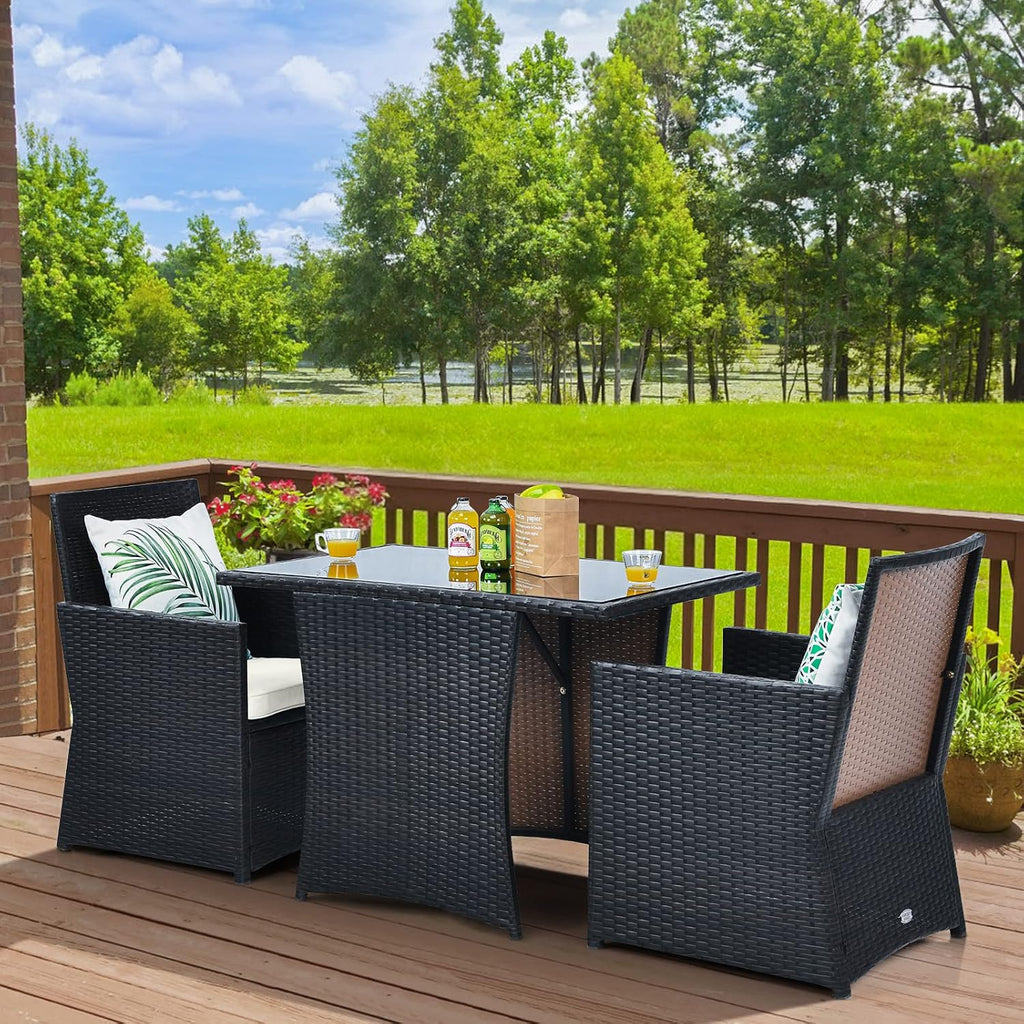 HAPPYGRILL 3 Piece Patio Furniture Set, Outdoor PE Rattan Wicker Bistro Set with Washable Cushions & Tempered Glass Table, for Backyard Porch Garden Balcony Poolside