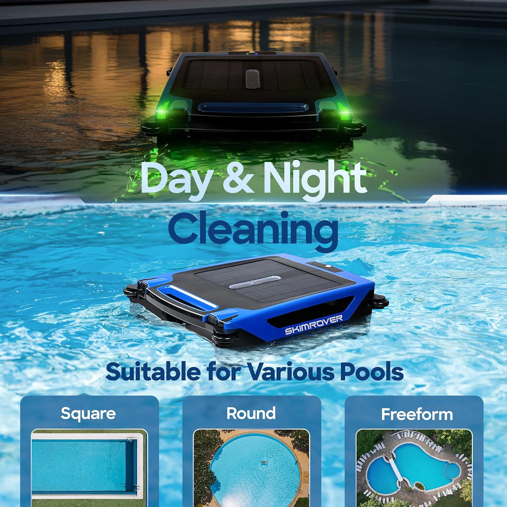 Solar Powered Pool Skimmer Robot – Charges by Solar & Wall Plug – 2 Modes - 5000 mAh Battery Continuous Surface Cleaning - Shallow Water Anti-Stranding Bars - Salt Chlorine Tolerant Motors